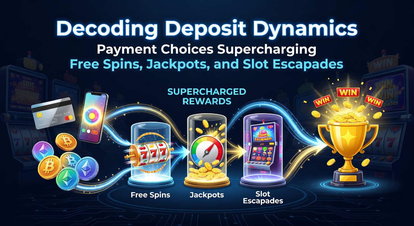 Grafik zeigt verschiedene Zahlungsmethoden wie E-Wallets, Kryptowährungen und Kreditkarten, die mit Slot-Symbolen für Freispiele und Jackpots verbunden sind