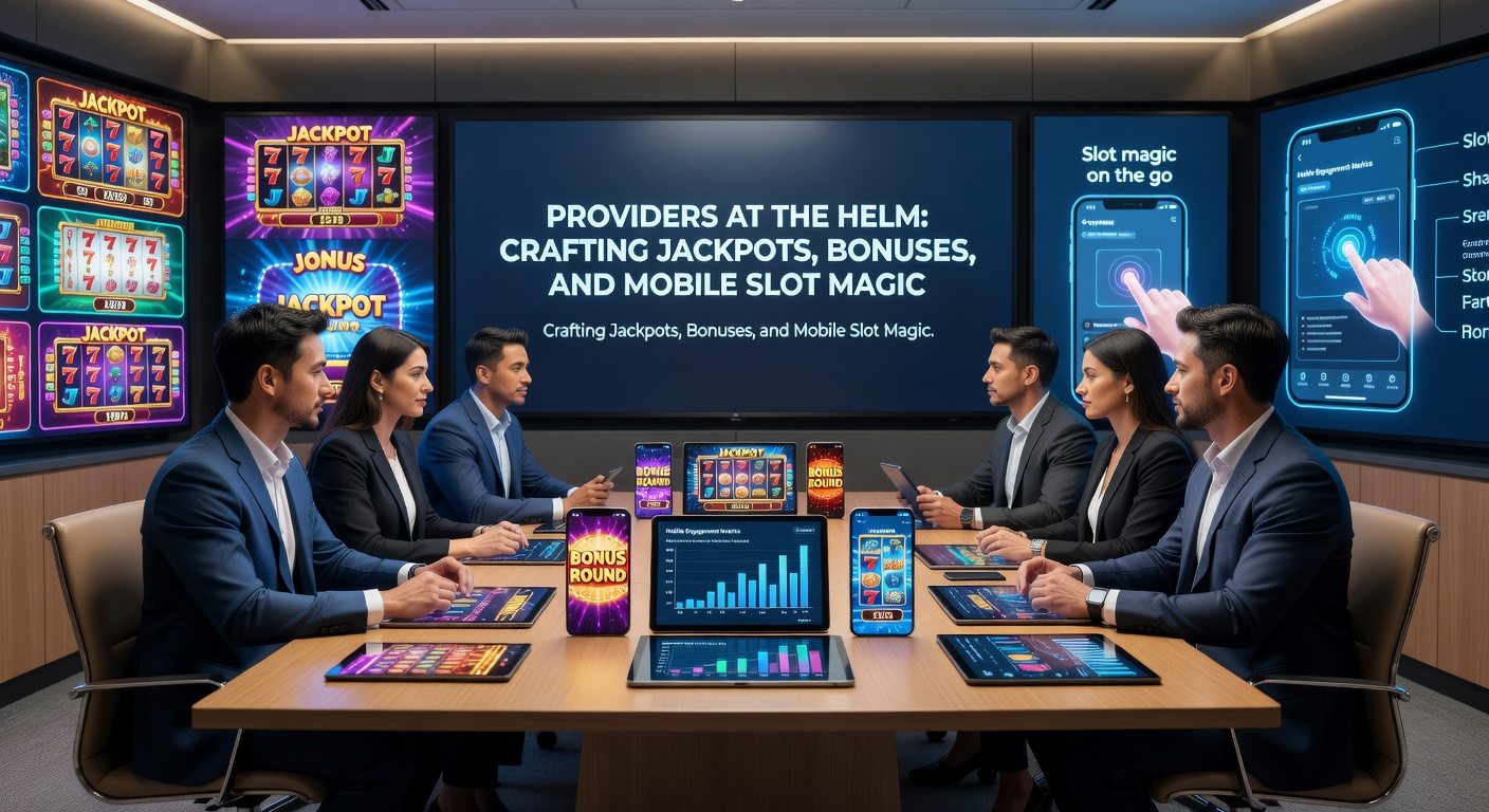 Detaillierte Grafik eines Slot-Providers-Teams bei der Arbeit, mit Code, Designs und Jackpot-Simulationen auf Monitoren